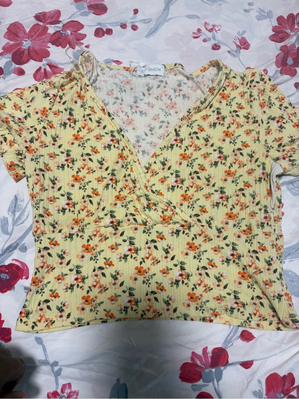 SHEIN Yellow Floral Wrap Crop Top